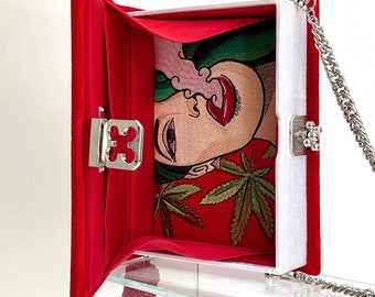 Clutchbook red embroidered hallucinogenic plants,bookclutch handmade,evening red purse,cannabis art,marijuana art,evening purse