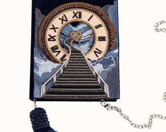 Book clutch ClutchBook Clock with stairs,hand embroidery, unique design, Christmas gift,stunning purse, woman navy bag,bookclutch