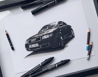 Colored custom car drawing Size A4 (8.3 x 11.7) / Car portrait / Personalized car drawing / Personalized gift / Boyfriend gift