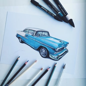 Colored custom car drawing Size A3 / Car portrait / Personalized car drawing / Personalized gift / Gifts for him / Boyfriend gift