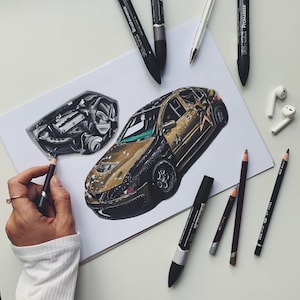 Colored custom car drawing Size A4 (8.3 x 11.7) / Car portrait / Personalized car drawing / Personalized gift / Boyfriend gift