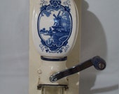 Antique quot De Ve quot Wall-Mount Hand Crank Coffee Grinder Holland Blue Delft Windmill