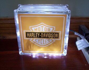 Vintage Two Sided Harley Davidson Motorcycles Lighted Glass Block Displays Well