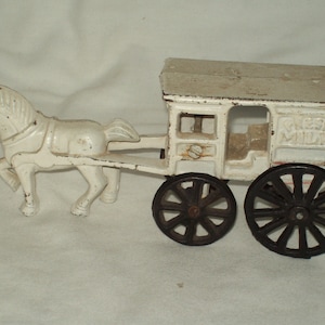 Vintage ~ Cast Iron ~ Fresh Milk Wagon with Horse  ~ Split Casting