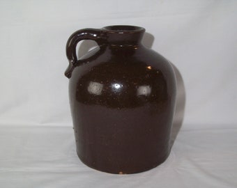 Antique Stoneware Crock Finger Jug ~ Little Brown Jug ~ Nice Primitive Wide Mouth 1 Gallon Shoulder Jug.