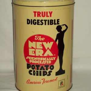 New Era Potato Chip Tin ~ Vintage 1 Pound Advertising Can ~ Does Display Well !