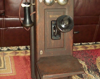 Early Western Wood Box Antique Wall Phone ~ Hand-Crank Telephone ~ Displays Well