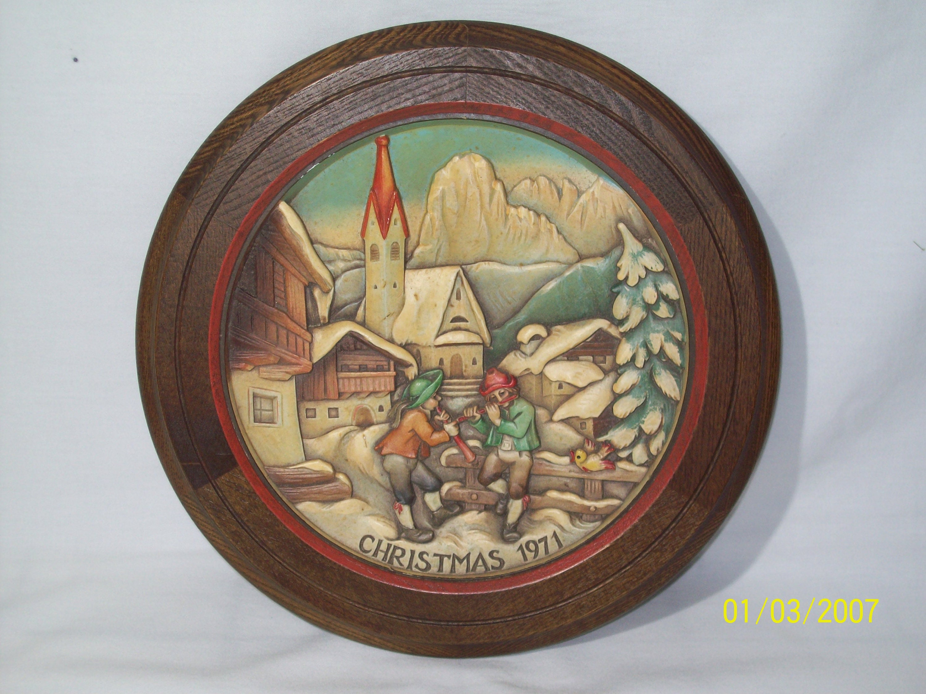アンリ人形　ビンテージ1971年クリスマス大型木製プレート！ヨーロッパの風景！ アンリ人形 ビンテージ1971年クリスマス大型木製プレート