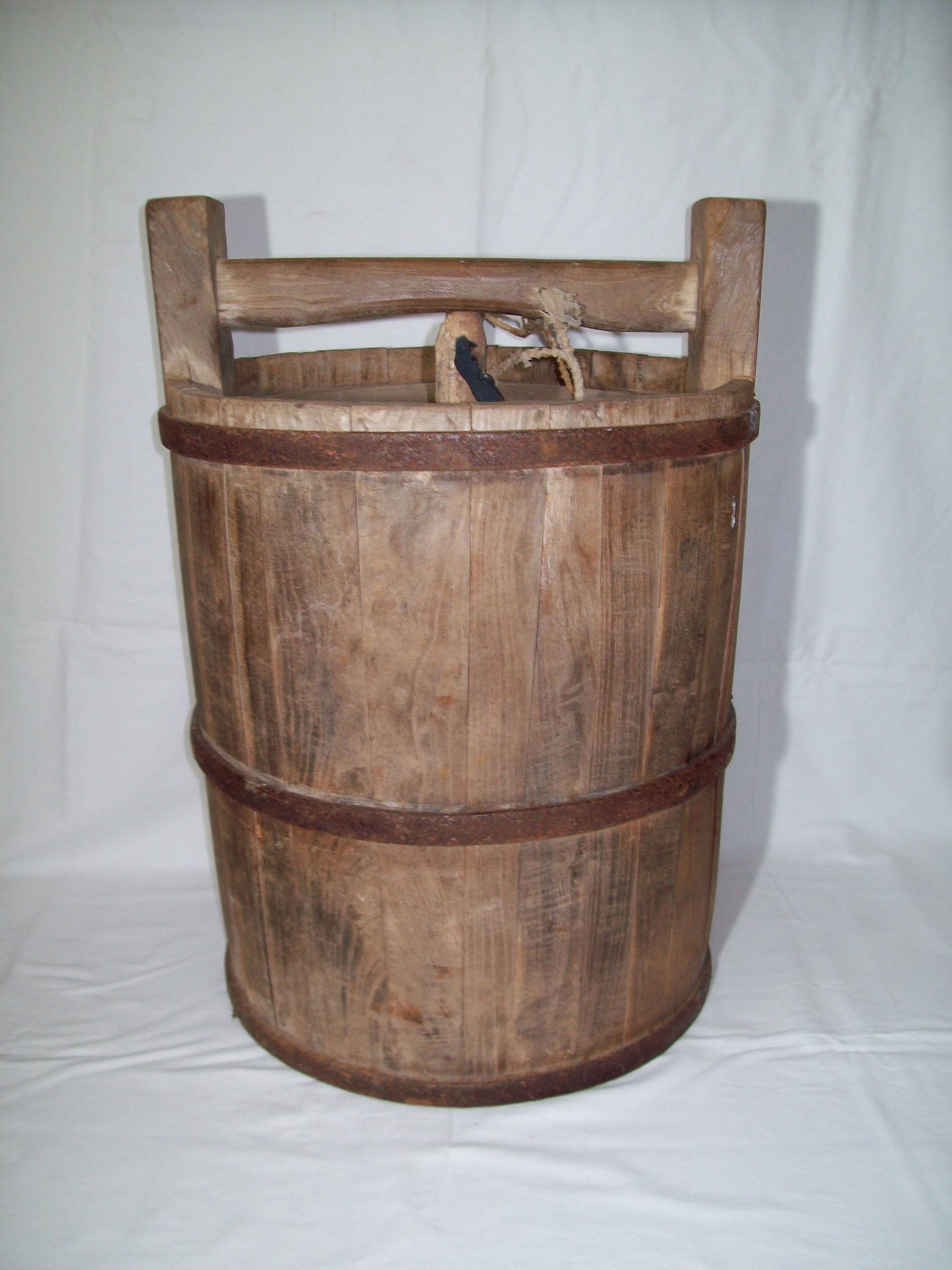 Antique 1900’s French LARGE Handled WOODEN Bucket, 10” Diameter