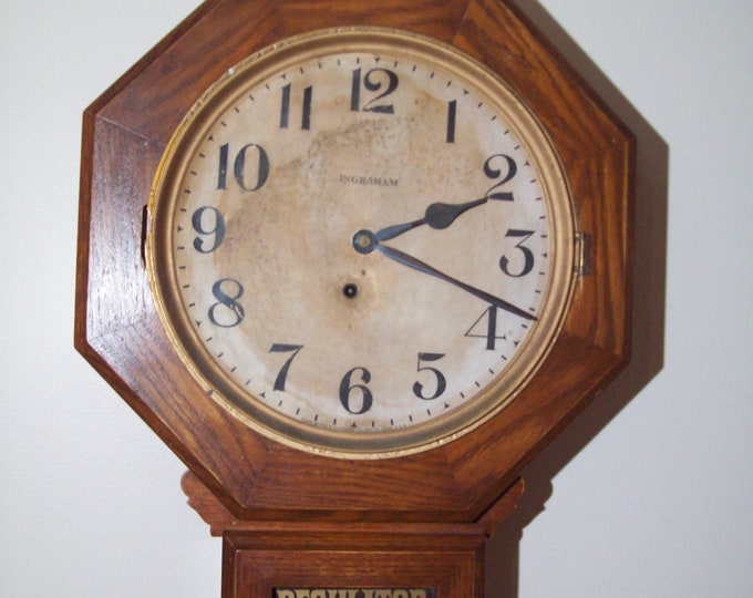 Antique Ingraham Regulator Wall Clock ~ Key Wind Pendulum Movement ...