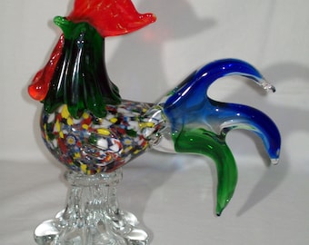 Vintage Murano Art Glass Rooster ~ Multicolored ~ Hand Blown ~ Awesome Looking Display Piece !