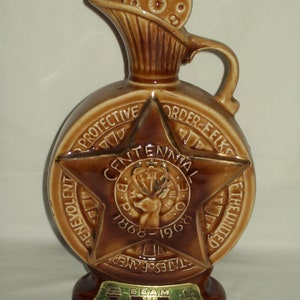 Vintage 1968 Jim Beam B.P.O.E. ELKS Centennial Bourbon Whiskey Decanter ~ "Empty Bottle Sorry"