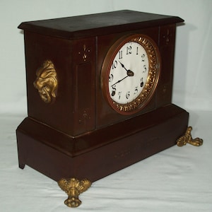 Antique Ansonia Metal Mantel Clock ~ Key Wind Pendulum Movement ~ Displays Well !