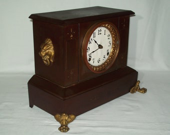 Antique Ansonia Metal Mantel Clock ~ Key Wind Pendulum Movement ~ Displays Well !