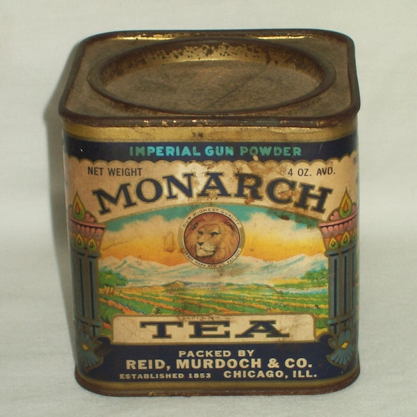 Old Monarch Imperial Gun Powder 4 Oz. Vintage Tea Tin ~ This Piece Displays Well !