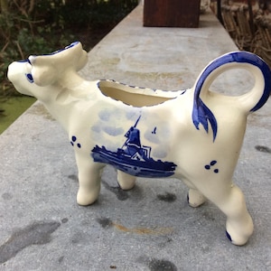 Vintage Delftse melkkan melkkan, wit en blauw, windmolen, Nederland, handbeschilderd, mooie decoratie in een landelijke keuken
