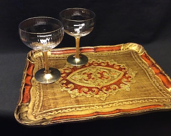 Vintage Florentine Tray, Handmade Gold and Red Italian Vanity Tray
