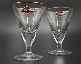 Vintage Martini Glass Set, Red Logo, Golden Rim, Martini Collector