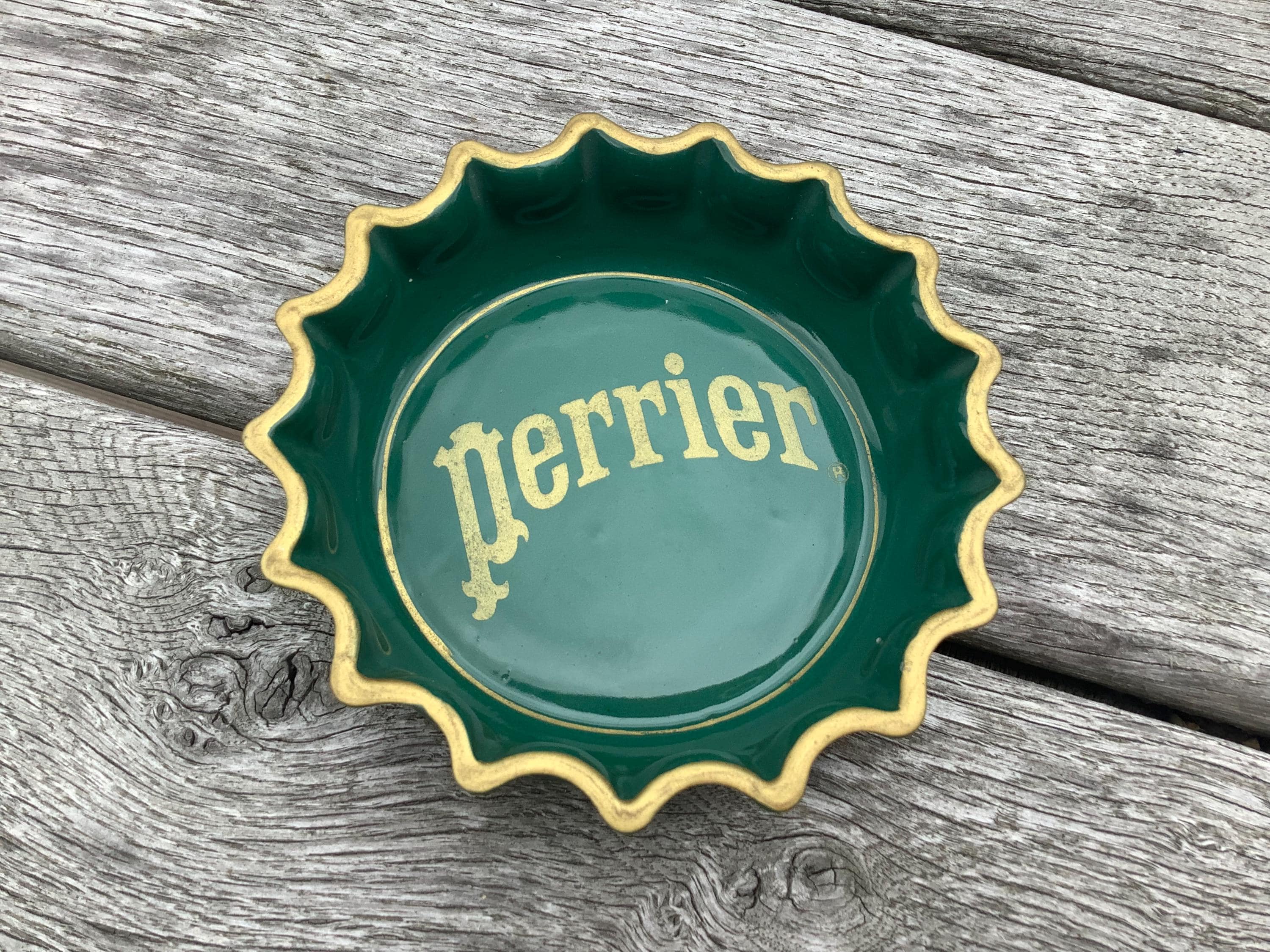 Vintage Ceramic Perrier Ashtray, Green Bottle Cap Design, Bar