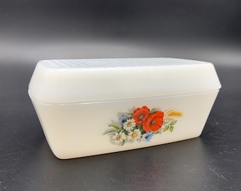 Vintage Arcopal Butter Dish: French Opal Glass, Field Flower Bouquet
