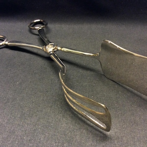 May include: Silver-toned serving tongs with a spatula-like end and a slotted, curved end. The tongs have ring handles and a hinge in the center. The serving utensil is likely for cakes or pastries.