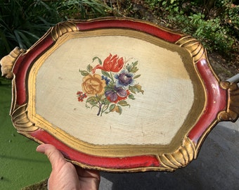 Vintage Florentine Tray, Gold & Red Floral, Handmade in Italy