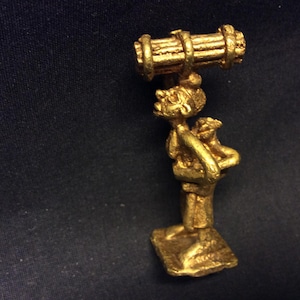 Vintage handmade bronze brass lost wax method Akan Ashanti Mrammou Gold Weight figurine of a woman, mother and child, carrying wood on head
