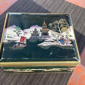 Vintage dark green  oriental rectangular Biscuit Tin Box, tea tin, with  hinged lid, Japanese, oriental, chinese, asian patterns