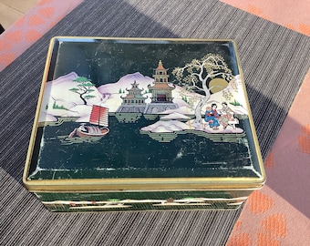 Vintage verde oscuro oriental rectangular Biscuit Tin Box, lata de té, con tapa con bisagras, patrones japoneses, orientales, chinos, asiáticos