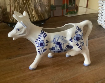 Vintage Delft cow milk jug  creamer, white and bleu, windmill, Holland, handpainted, lovely decoration in a country kitchen