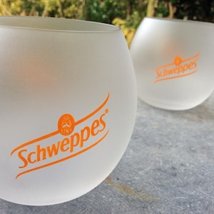 2 vintage Schweppes glasses, round,  Schweppes glasses, with the orange schweppes logo, ground glass