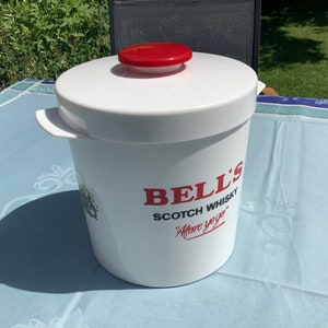 Bell's round white ice bucket with lid for ice cubes, with Bell's scotch whisky logo 'Afore ye go' image 1