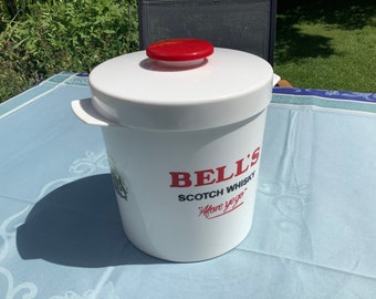 Bell's round white ice bucket with lid for ice cubes, with Bell's scotch whisky logo 'Afore ye go'