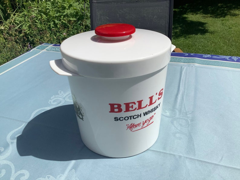 Bell's round white ice bucket with lid for ice cubes, with Bell's scotch whisky logo 'Afore ye go' image 1