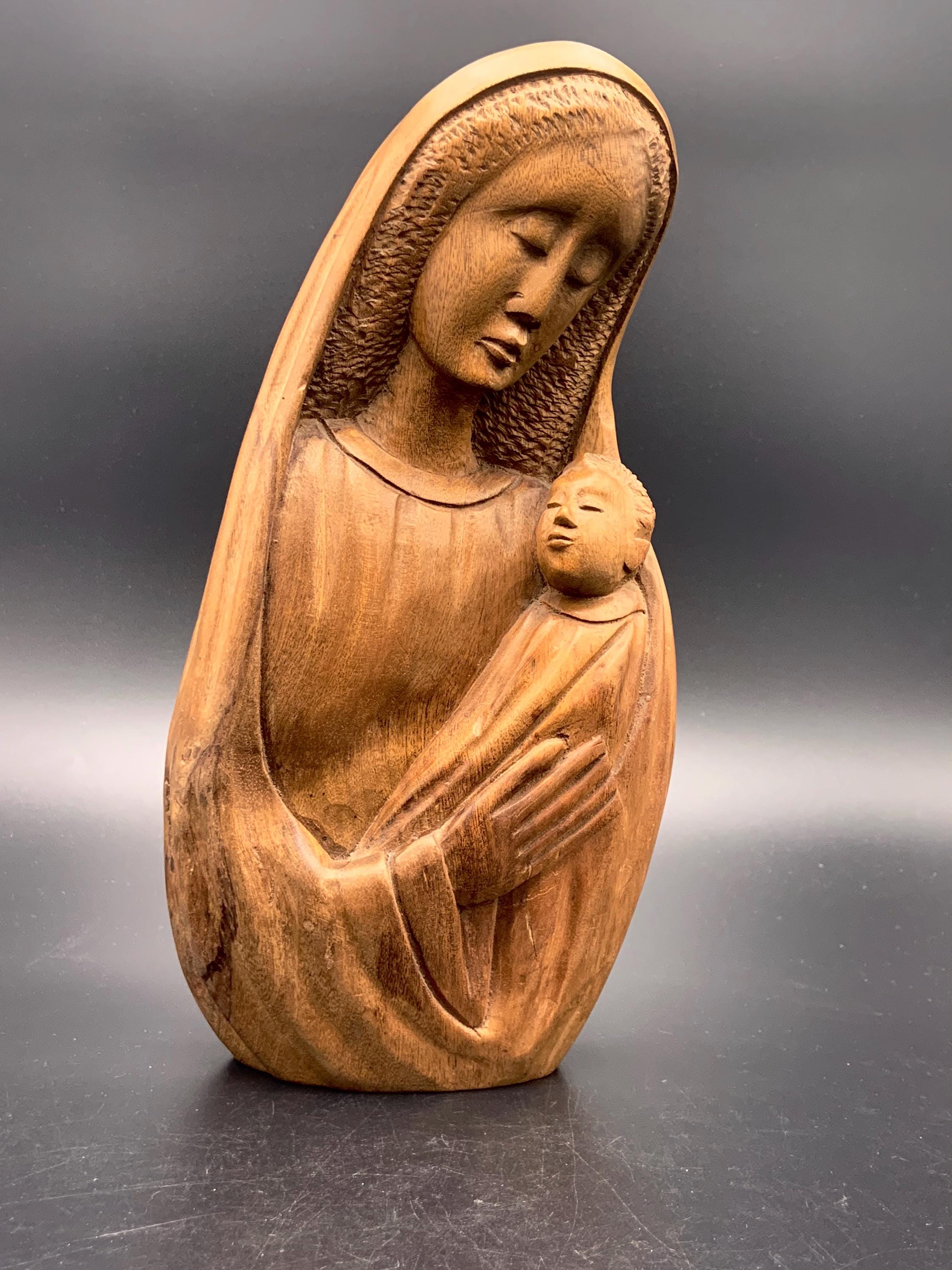 Vintage African Wood Carved Black Madonna and Child Statue, Signed