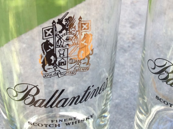 A Vintage Set of Ballantines Scotch Whiskey Longdrink Glasses Tumblers  golden Rim and Black Colored Coat of Arms and Titles 
