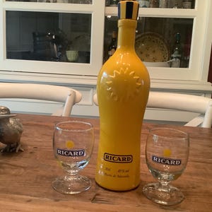 Ricard Vintage French yellow Ricard bottle (empty)  with 2 Ricard glasses,  Ricard collectors, Ricard collection with the Ricard logo
