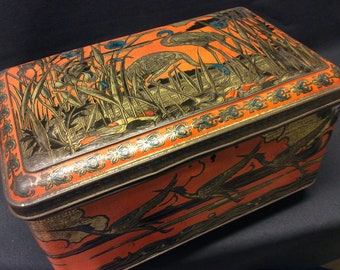 vintage beautiful large orange tin with key, Japanese inspired theme, cranes, flamingo's, ideal for storing sweets, postcards, letters ...