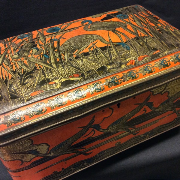 belle grande boîte orange vintage avec clé, thème d'inspiration japonaise, grues, flamants roses, idéale pour ranger papeterie, trésors