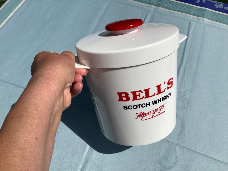 Bell's round white ice bucket with lid for ice cubes, with Bell's scotch whisky logo 'Afore ye go' image 7