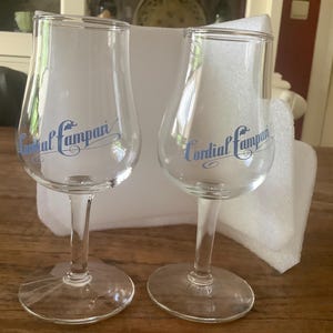 2 old vintage ‘cordial campari’&#39; glasses,  with blue inscription Campari advertisement,  Old Campari liqueur glasses