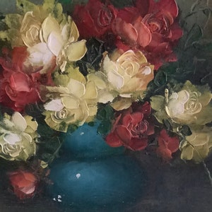 Romantic still life, colorful roses in a blue vase, a beautiful painting from the 1950s.
