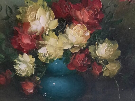 ヴィンテージの花の絵画：青い花瓶に入った赤と黄色のバラ - Etsy 日本