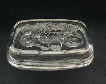 Vintage French Glass Butter Dish, Embossed Fruit Lid