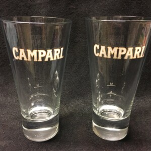 2 Vintage Campari cocktail  glasses,  with white inscription and golden edge Campari advertisement