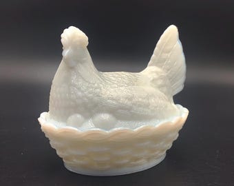Vintage Milk Glass Chicken on Nest, French Country Tureen