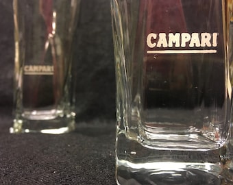 Two Vintage Campari long drink glasses, with white Campari advertising lettering.