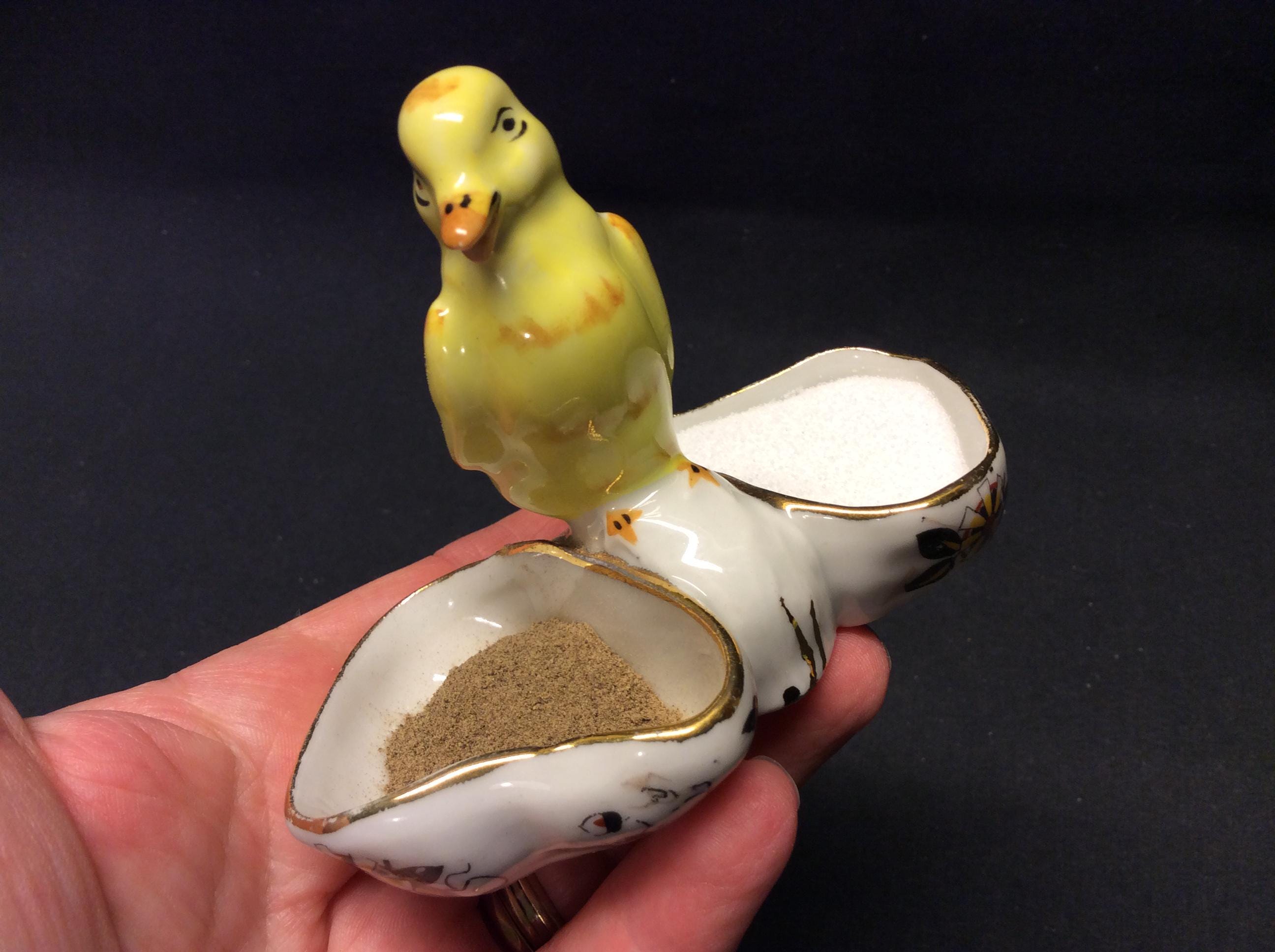稀少ヴィンテージアヒルの塩コショウ入れセットシルバーにエナメルミニ