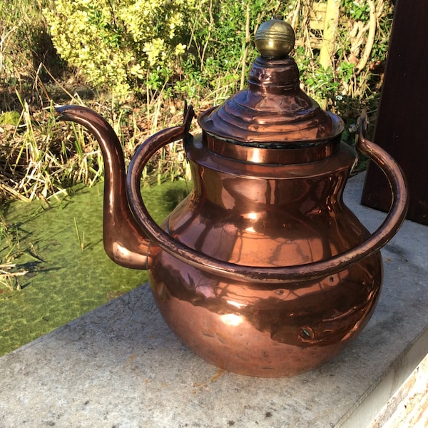 Vintage copper large kettle, with brass finial, with lid and handle, brass Teapot, Rustic Kitchen, Copperware, Kitchenalia