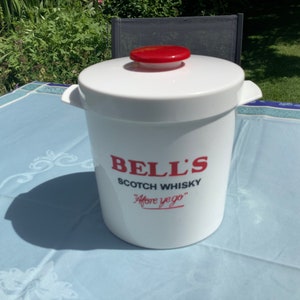 Bell's round white ice bucket with lid for ice cubes, with Bell's scotch whisky logo 'Afore ye go' image 6